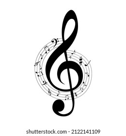 Treble clef and notes ,black sign on white background,vector illustration