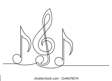 A treble clef and notes are drawn by a single black line on a white background. Continuous line drawing. Vector illustration.