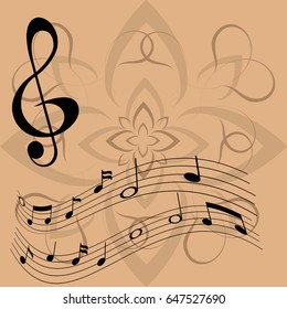 A treble clef and notes floating in music against the background of a flower