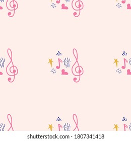 Treble clef, notes, heart, stars, abstract elements seamless pattern in pink, blue pastel colors. Music backdrop.