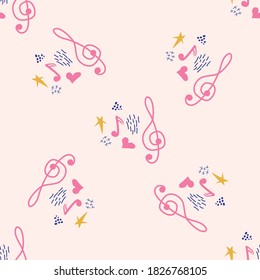 Gran aroma, notas, corazón, estrellas, elementos abstractos patrón sin fisuras en tonos pastel rosa y azul. Fondo musical.