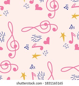 Treble Klappe, Noten, Herz, Sterne, abstrakte Elemente nahtlose Muster in rosa, blauen Pastellfarben. Musik-Hintergrund.