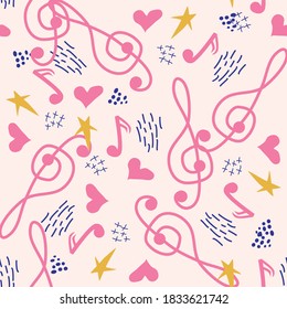 Gran aroma, notas, corazón, estrellas, elementos abstractos patrón sin fisuras en tonos pastel rosa y azul. Fondo musical.