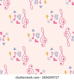 Treble clef, notes, heart, stars, abstract elements seamless pattern in pink, blue pastel colors. Music backdrop.
