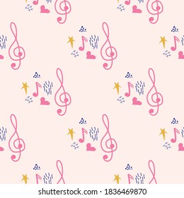 Gran aroma, notas, corazón, estrellas, elementos abstractos patrón sin fisuras en tonos pastel rosa y azul. Fondo musical.