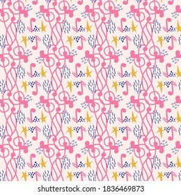 Treble clef, notes, heart, stars, abstract elements seamless pattern in pink, blue pastel colors. Music backdrop.