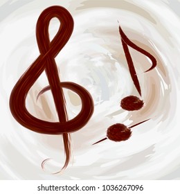Treble clef and notes, music from coffee, cocoa on the background of abstractly drawn in the vector foam from latte, milk and whipped cream