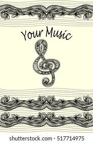 Treble clef  notes  musical stanza with Zen tangle ornament style  black on white for coloring page or relax coloring book or  for decorate package clothes copybook or for web information about music 
