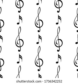 Treble clef and notes. Musical symbols as seamless pattern. Vector illustration isolated on white background