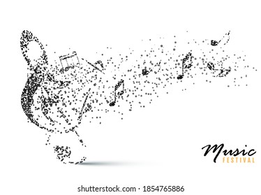 Treble clef y notas de la partícula. Logo musical hecho de círculos pequeños
