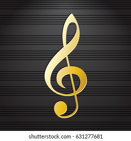 Treble clef on music staff background. Golden musical symbol on black background. Graphic design element for choir flayer, concert invitation, poster, scrapbooking. Vector illustration.