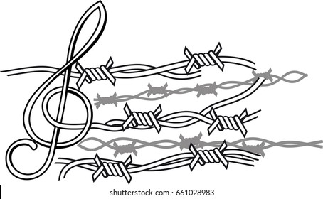 A treble clef on a musical camp in the form of barbed wire