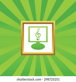 Treble clef on screen, in golden frame, on green abstract background