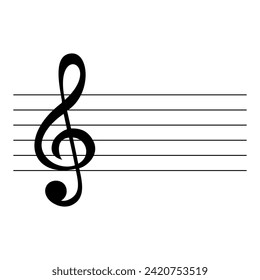 Treble clef on sheet of paper. Music treble clef icon. Violin key icon, clef symbol, black isolated vector icon. Black violin clef isolated on white background.