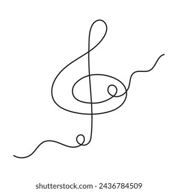 Treble clef one line art, hand drawn continuous contour outline.Love music composition concept,minimalist template melody art design.Editable stroke.Isolated.Vector illustration