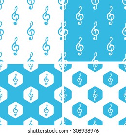 Treble clef patterns set, simple and hexagon, blue and white