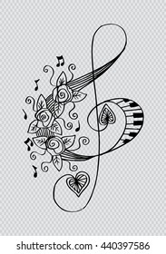 Treble clef with rose. Sketchy style.