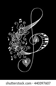 Treble clef with rose. Sketchy style.