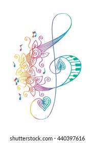 Treble clef with rose. Sketchy style.
