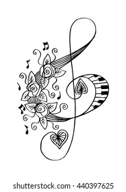 Treble clef with rose. Sketchy style.