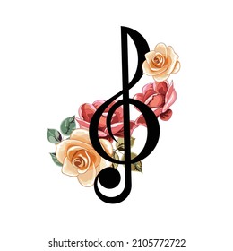 Treble clef with roses. Vector image of a musical note sign with blooming flowers. 