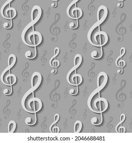 Treble clef with shadow on gray background, 3d texture for design, wallpaper for home, seamless pattern, vector illustration