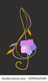 Treble clef in shape of bell flower isolated on black background. Musical logo in vector.