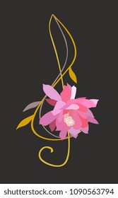 Treble clef in shape of cactus flower isolated on black background. Musical logo in vector.