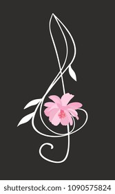 Treble clef in shape of pink cosmos flower isolated on black background. Musical logo in vector. Banner, greeting or invitation card.