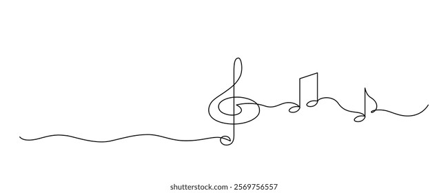 Treble clef and sheet music drawn with continuous line in minimalism, abstract style, music literacy, sign of linear notation, one line, editable vector contour