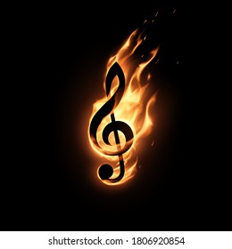 Treble clef silhouette in fire flames