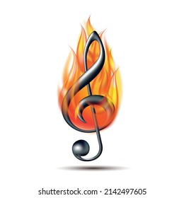 Treble clef silhouette in fire flames. Flaming Music violin clef sign. Vector icon on white background.