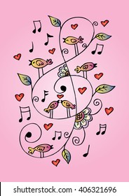 Treble clef with singing bird and floral ornament