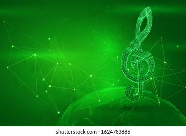 treble clef symbol over a polygonal planet, on a green background. global data calculation