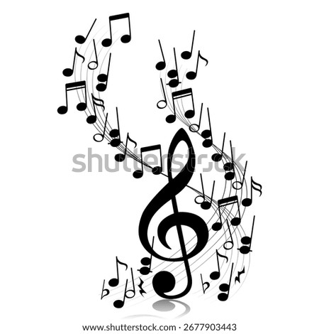 A treble clef with two curved staves and musical notes