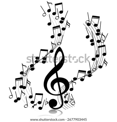 A treble clef with two curved staves and musical notes