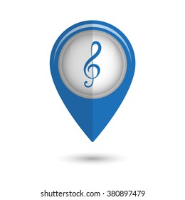 treble clef - vector icon;  blue map pointer