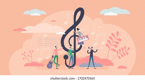 Treble clef vector illustration. Music key symbol in flat tiny people concept. Musical elements - notes, instruments, compositors and performers collection. Abstract creative band song writing process