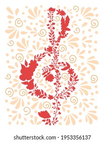 Treble clef vector illustration. Unique hand drawn music illustration, card, poster. Floral design