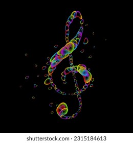 Treble clef vector music symbol of rainbow bubbles on black background