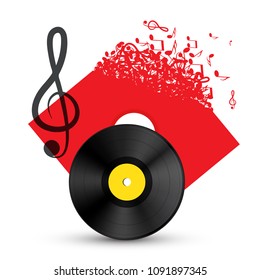 Treble Clef with Vinyl Record Disc. Vector Audio Music Concept with Notes on LP Cover.