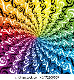Treble clefs rainbow colored radial pattern. Colorful musical spirale pattern, multicolored and vibrant tunnel. Twisted circular fractal background illustration.

