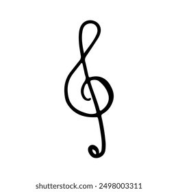 Treble g clef symbol. Doodle style drawn black treble clef isolated on white background. Music note sign. 