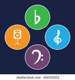 Treble icons set. set of 4 treble filled icons such as bass clef, bemol, loudspeaker