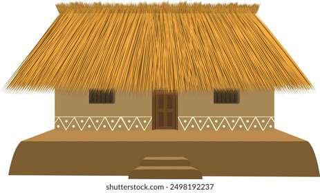 Treditional Indian village hut with thatched straw roof on isolated white background. Rural cottage. poor farmers house