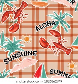 Tredy hand drawn Funny Beach island ,lobster ,oceans summer elements layer on line check seamless pattern ,Design for fashion , fabric, textile, wallpaper, cover, web , wrapping and all prints 