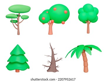 Tree 3d set. Trees of various shapes. Tree with apples, spruce tree, palm tree etc. Isolated icons, objects on a transparent background