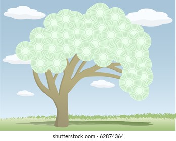 Tree with abstract circle leaves alone in grassy field