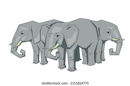 Tree African elephants standing. Flat line vector illustration. Colored cartoon style, isolated on white background.