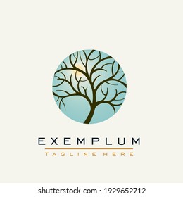 Tree against the background of the sky and the sun. Vector icon. Nature trees vector illustration logo design. Ornamental round monogram, template for creating logos, labels.